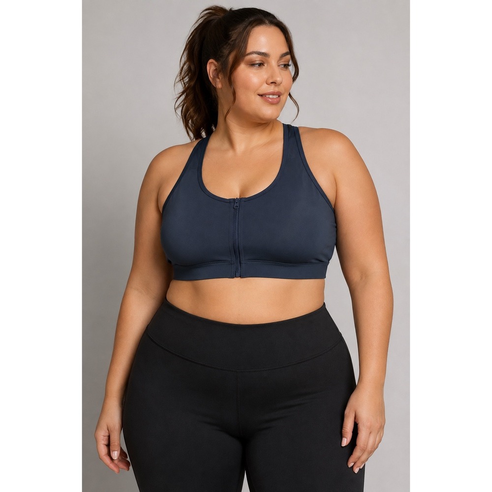 Yvette Front Zip Sports Bra Womens 2XL+ Navy Blue High Impact Racerback Mesh